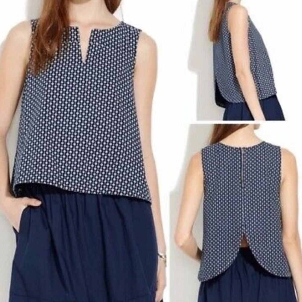 Madewell Blue and White Daisydot Denim Sleeveless Zip Back Top Size Medium